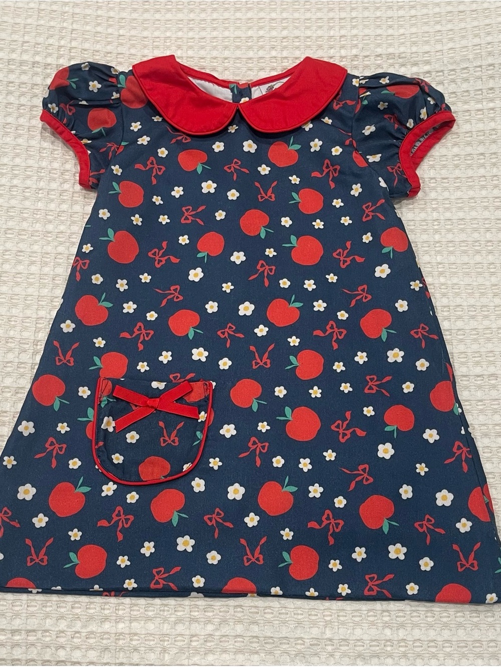 Navy Apple-Print Dress with Red Collar for Girls